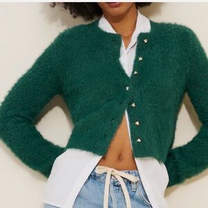 Free People Celeste Fuzzy Green Cardigan Sweater With Heart Buttons Size Small